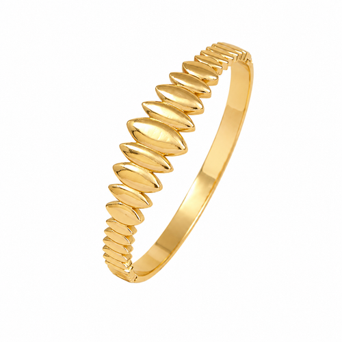 A polished yellow gold bangle bracelet with a textured, ridged outer surface and a smooth inner band, shown on a plain white background.