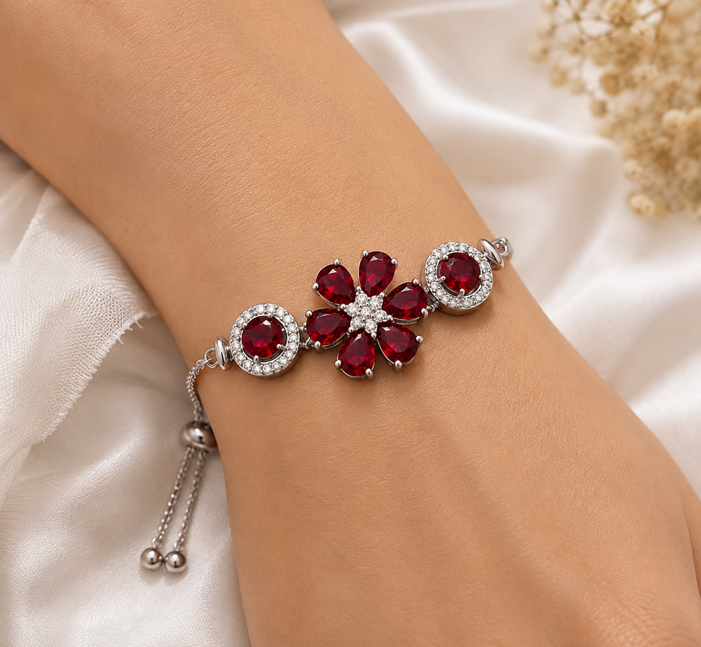 Silver Ruby Bloom Bracelet