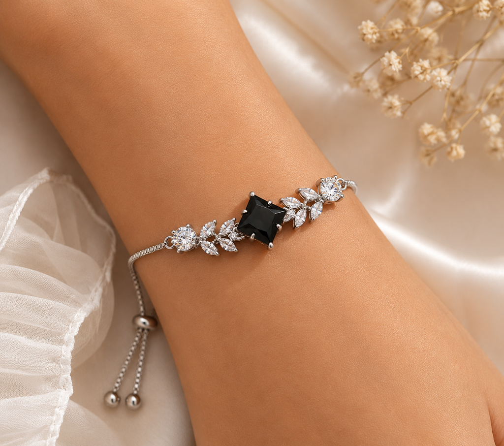Silver Black Onyx Leaf Bracelet